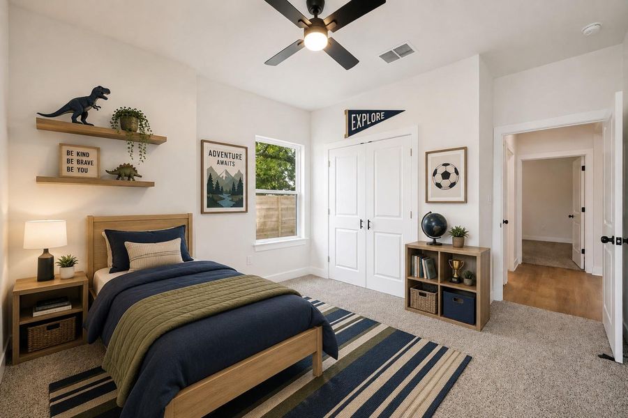 A well-lit bedroom with soft carpeting and ample space for rest or play. A well-lit bedroom with soft carpeting and ample space for rest or play.