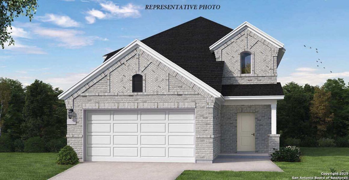 Front exterior of a new home in Rhine Valley, Schertz, TX, highlighting curb appeal (Image 1). Front exterior of a new home in Rhine Valley, Schertz, TX, highlighting curb appeal (Image 1).