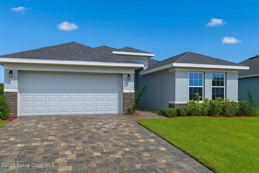 Front exterior of a new home in Courtyard at Waterstone, Palm Bay, FL, highlighting curb appeal (Image 1). Front exterior of a new home in Courtyard at Waterstone, Palm Bay, FL, highlighting curb appeal (Image 1).