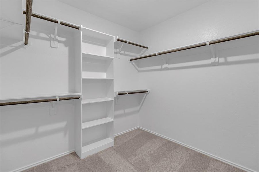 This is a spacious primary bedroom walk-in closet featuring multiple hanging rods and a built-in shelving unit, ideal for organized storage.