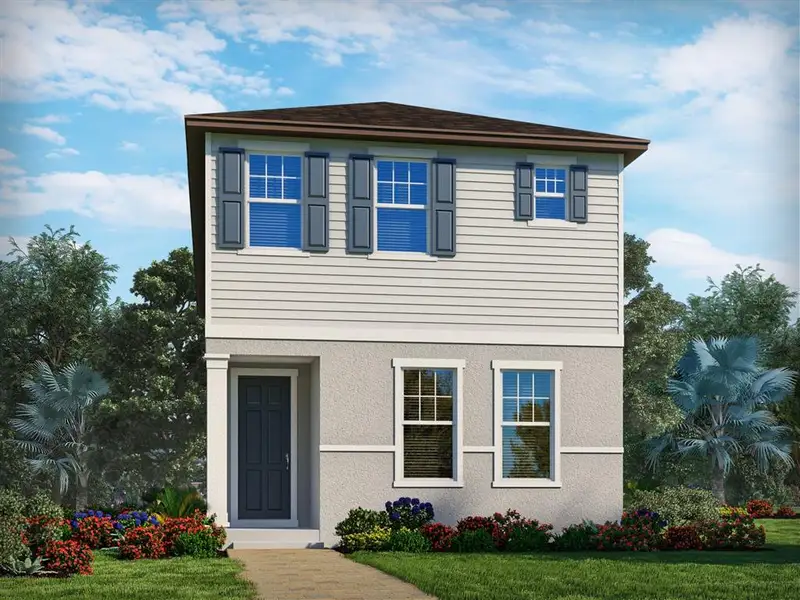 Front exterior of a new home in The Meadow at Crossprairie Bungalows, St. Cloud, FL, highlighting curb appeal (Image 1). Front exterior of a new home in The Meadow at Crossprairie Bungalows, St. Cloud, FL, highlighting curb appeal (Image 1).