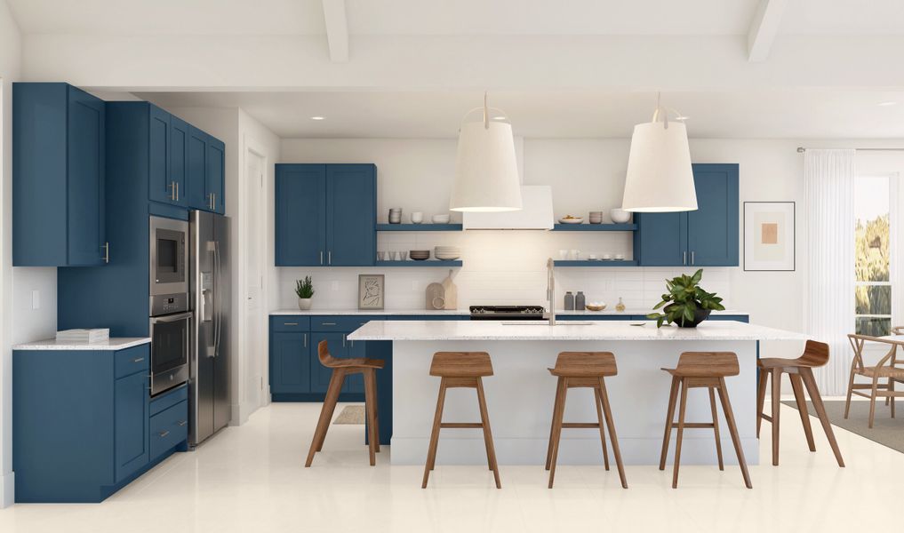 Kitchen with pendant lighting and floating shelves