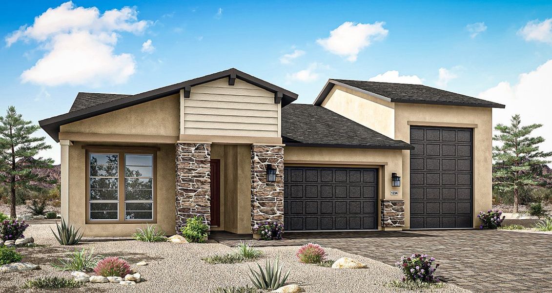 Front exterior of a new home in Horizon at The Dells, Prescott, AZ, highlighting curb appeal (Image 21). Front exterior of a new home in Horizon at The Dells, Prescott, AZ, highlighting curb appeal (Image 21).