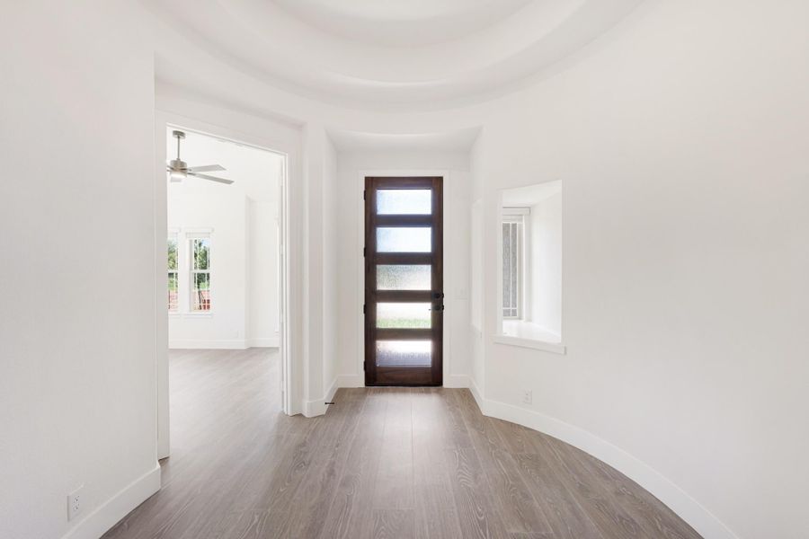 Curved entryway with dark wood front door, glass panels, white walls, and light hardwood floors