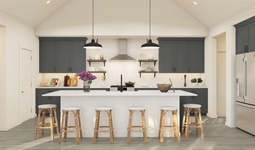 Gorgeous island kitchen with grey cabinets and stylish floating shelves (*Artist rendering used for illustration purposes only.) Gorgeous island kitchen with grey cabinets and stylish floating shelves (*Artist rendering used for illustration purposes only.)