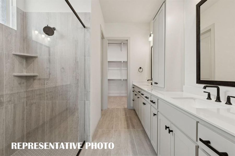 Featuring ample space for two, a delightful walk in shower with drying area and a dream closet with seasonal hanging space, you'll enjoy a spa like experience every day in this wonderful owner's bath!  REPRESENTATIVE PHOTO
