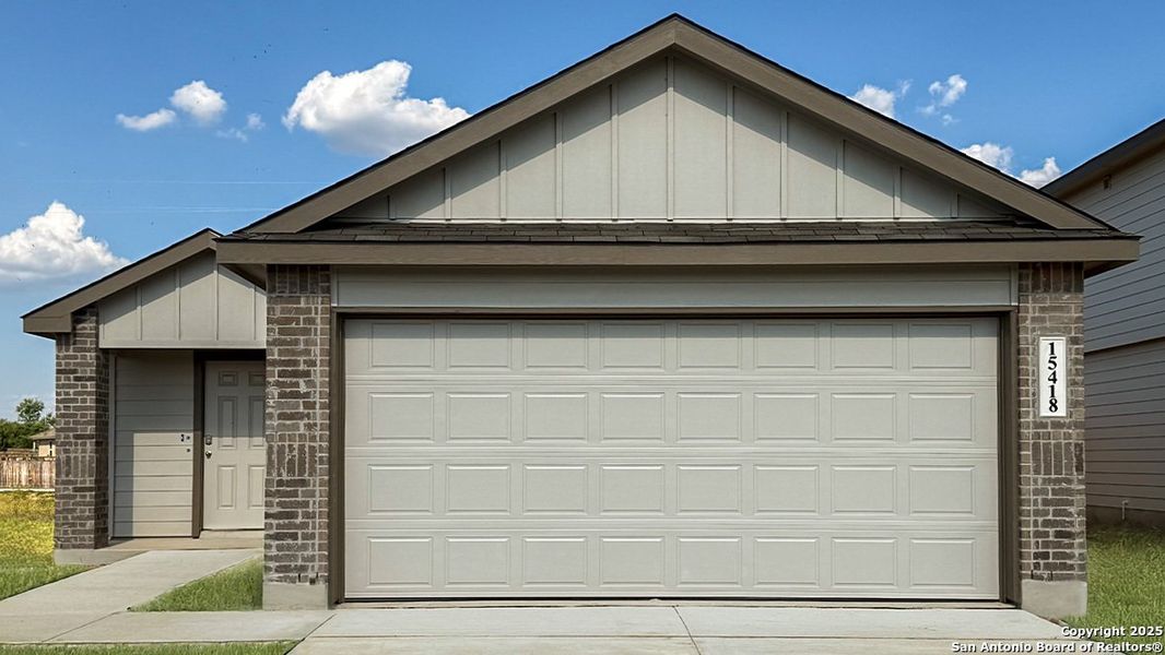 Front exterior of a new home in Preserve at Medina, Von Ormy, TX, highlighting curb appeal (Image 1).
