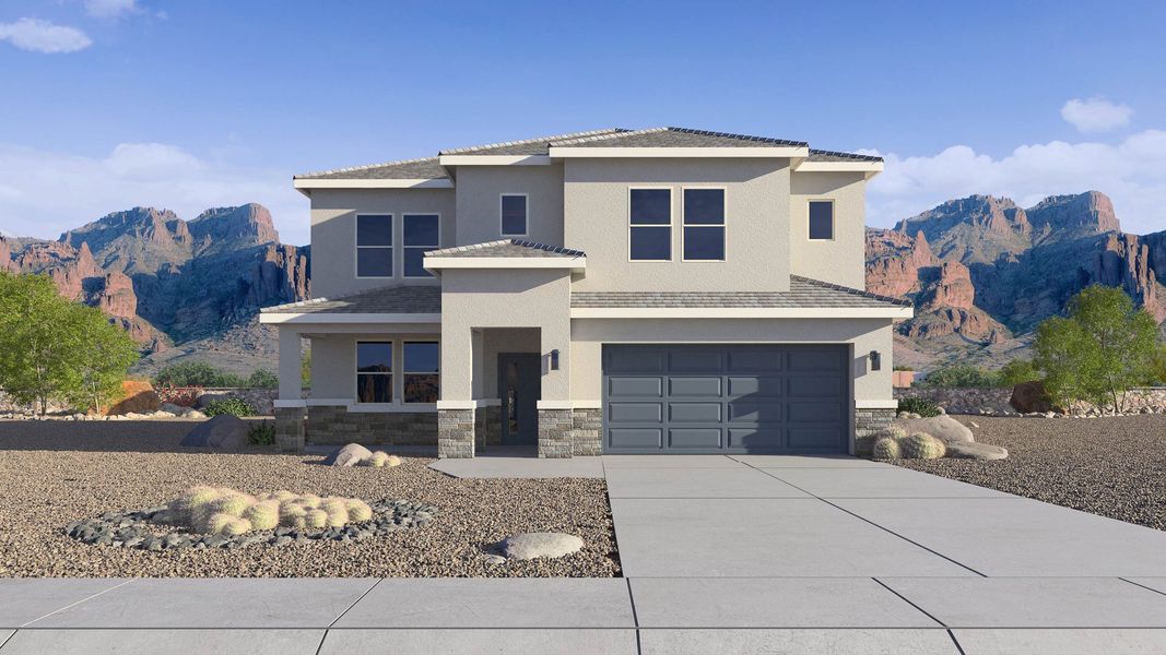 Representative exterior photo of a completed home built from the Phoenician by D.R. Horton in The Ridge at Stone Butte, Phoenix, AZ (Image 2). Representative exterior photo of a completed home built from the Phoenician by D.R. Horton in The Ridge at Stone Butte, Phoenix, AZ (Image 2).