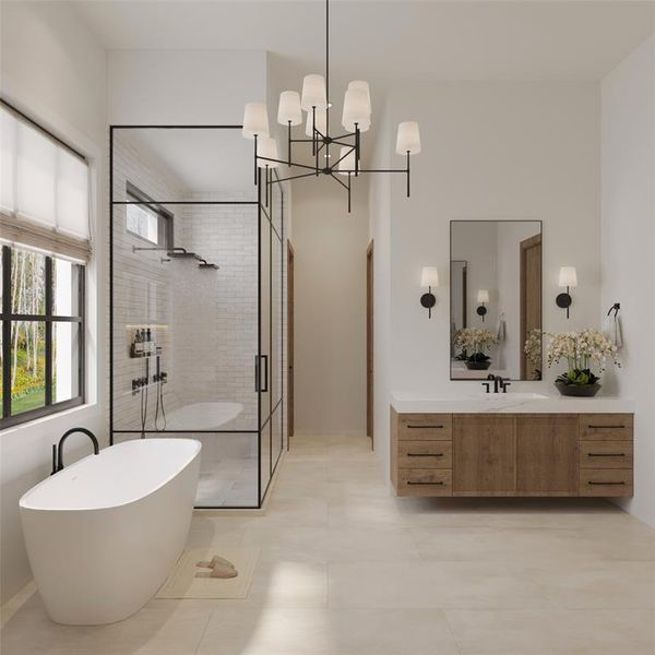 Bathroom featuring vanity, independent shower and bath, and tile patterned floors