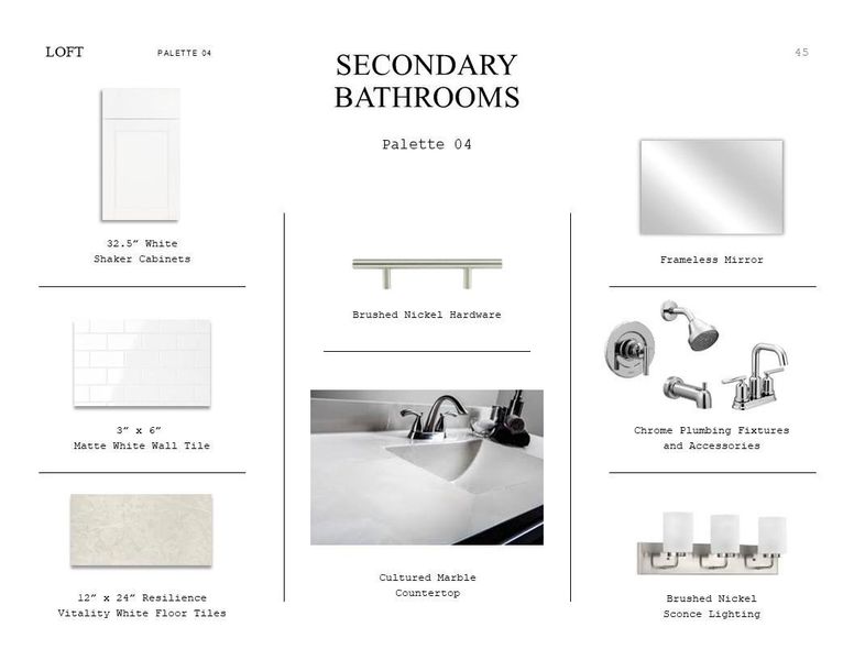Loft Look Palette 6: Secondary Bathroom Selection Sheet (*Artist rendering used for illustration purposes only.) Loft Look Palette 6: Secondary Bathroom Selection Sheet (*Artist rendering used for illustration purposes only.)