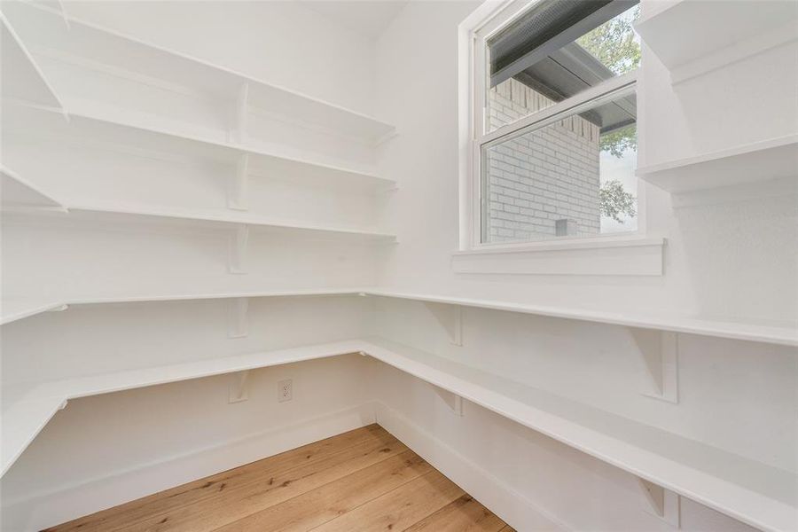 Spacious pantry featuring extensive white shelving, light wood-finish flooring, and a single window