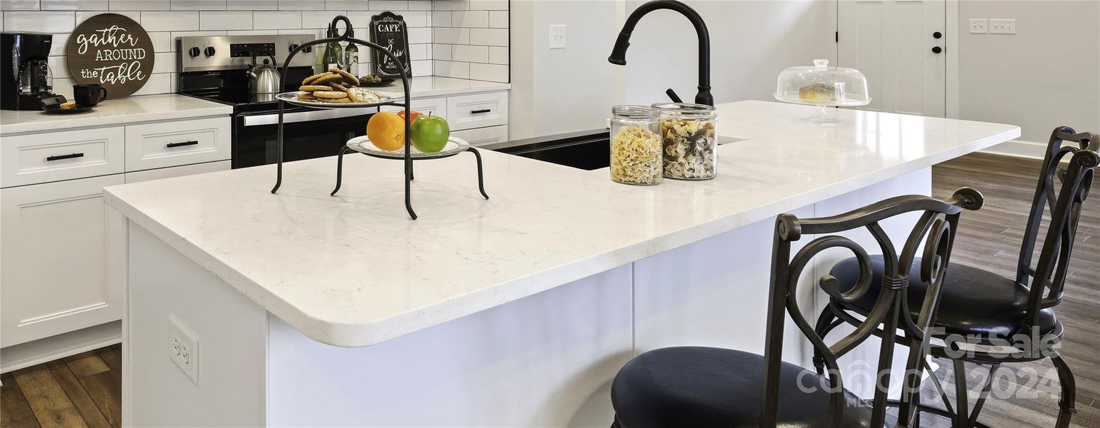 Close look at gorgeous quartz island and counter tops. Notice upgraded hardware. Black farm sink.