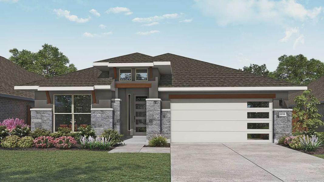 Front exterior of a new home in Newhaven, Manor, TX, highlighting curb appeal (Image 1). Front exterior of a new home in Newhaven, Manor, TX, highlighting curb appeal (Image 1).