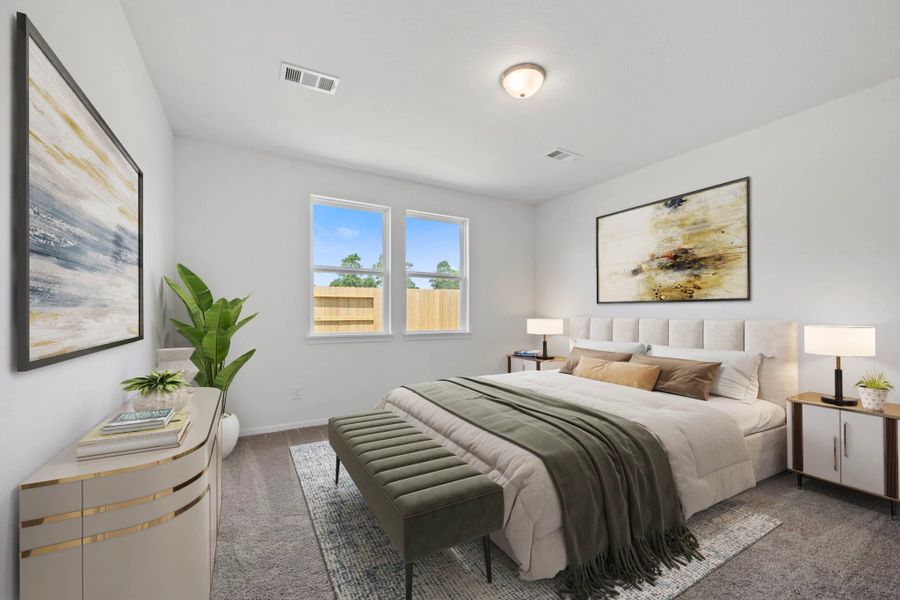 Primary bedroom. Note: Sample product photo. Actual exterior and interior selections may vary by homesite. Photo may be virtually staged Primary bedroom. Note: Sample product photo. Actual exterior and interior selections may vary by homesite. Photo may be virtually staged