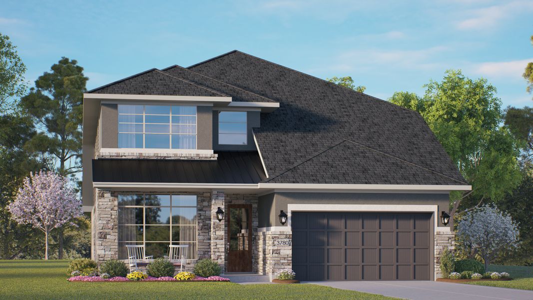 Front exterior of a new home in Wood Leaf Reserve, Tomball, TX, highlighting curb appeal (Image 23).