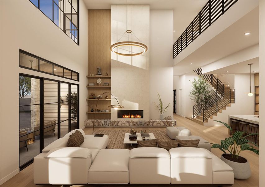 Designed to impress from every vantage point, this stunning central living space blends vertical volume with warm natural finishes. The linear fireplace glows beneath a dramatic ceiling height, while the open stair and upper gallery add visual interest, creating a home that feels elevated, connected, and effortlessly sophisticated. Designed to impress from every vantage point, this stunning central living space blends vertical volume with warm natural finishes. The linear fireplace glows beneath a dramatic ceiling height, while the open stair and upper gallery add visual interest, creating a home that feels elevated, connected, and effortlessly sophisticated.