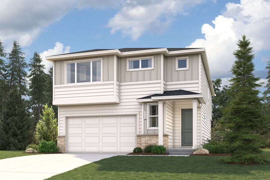A house with a garage and trees around it. A house with a garage and trees around it.