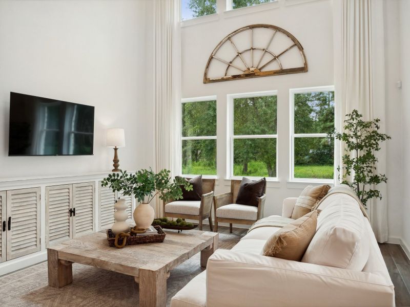 Great room with volume two-story ceiling