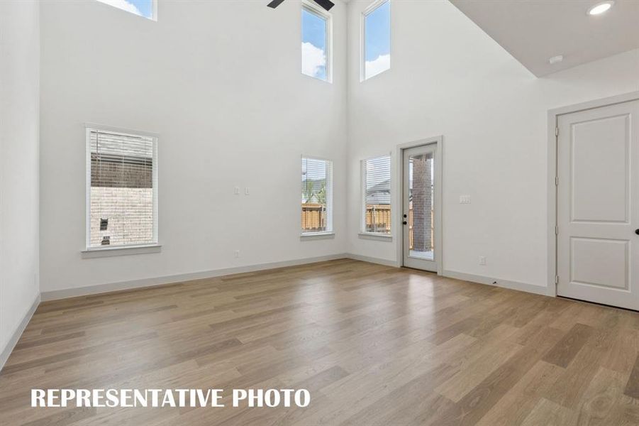 With access to your covered back patio from the spacious family room, indoor-outdoor entertaining is no problem!  REPRESENTATIVE PHOTO