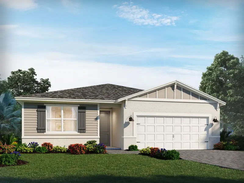 Front exterior of a new home in Crescent Lakes - Reserve Series, Punta Gorda, FL, highlighting curb appeal (Image 4). Front exterior of a new home in Crescent Lakes - Reserve Series, Punta Gorda, FL, highlighting curb appeal (Image 4).