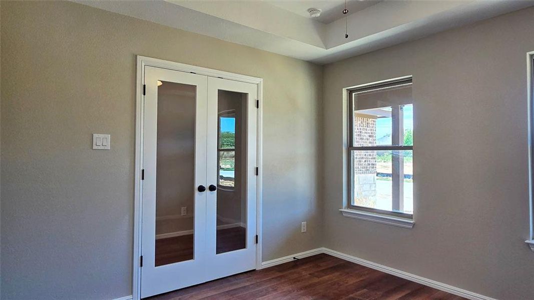 Doorway with dark wood-style flooring, healthy amount of natural light, and french doors