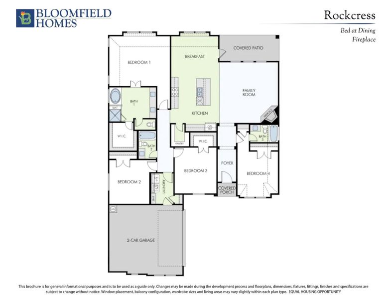 Bloomfield Homes Rockcress floor plan with four bedrooms, kitchen, family room, and two-car garage.
