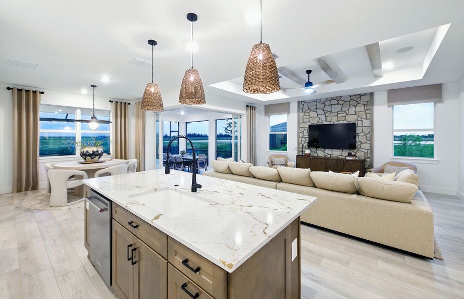 Kitchen island overlooking the gathering room