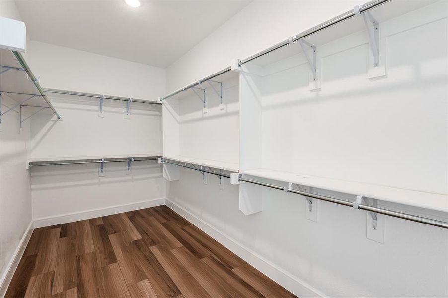 Spacious primary bedroom closet featuring dark wood-type flooring Spacious primary bedroom closet featuring dark wood-type flooring