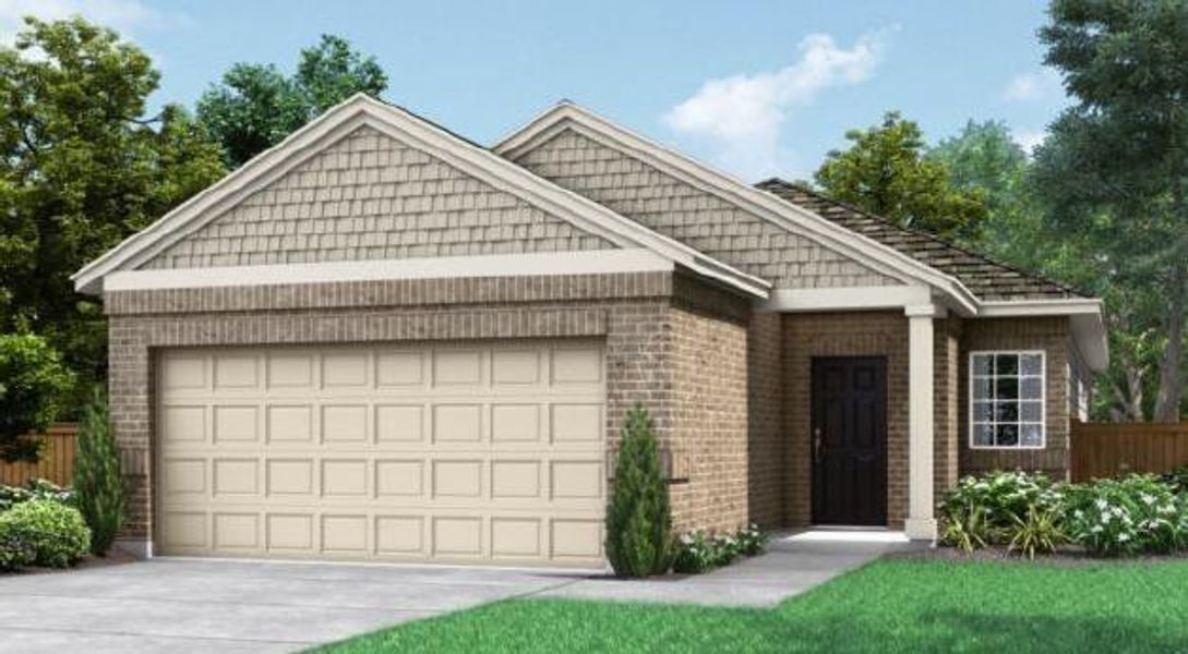 Front exterior of a new home in Crosswinds, Kyle, TX, highlighting curb appeal (Image 1).