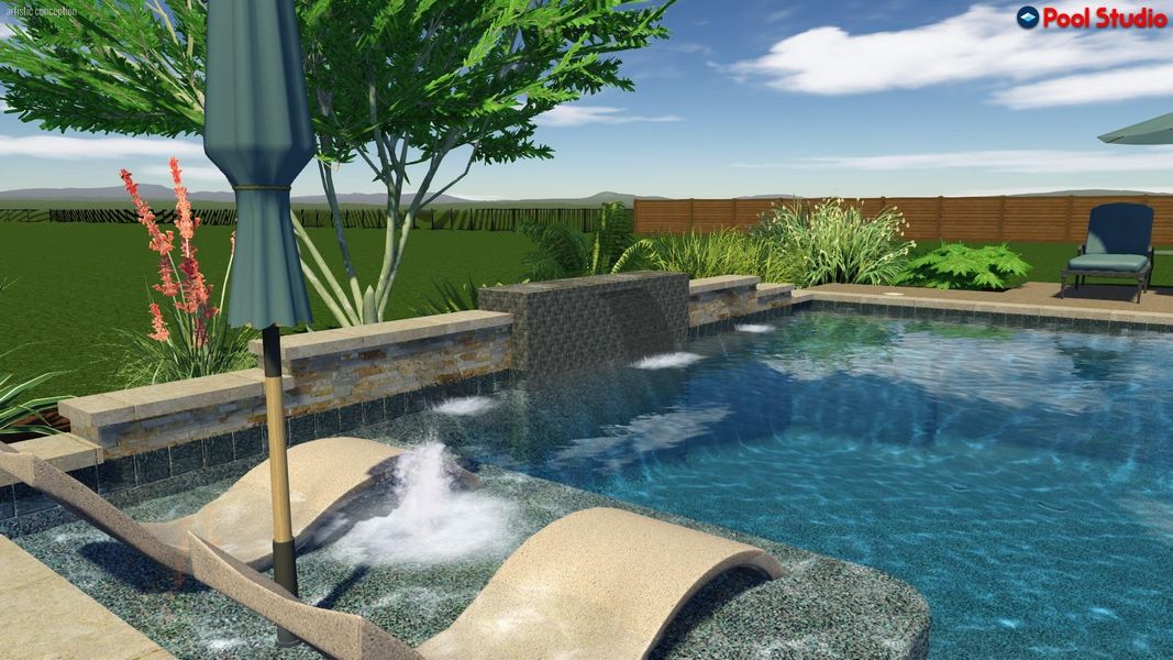 Rendering; View of swimming pool featuring a fenced backyard and a patio area Rendering; View of swimming pool featuring a fenced backyard and a patio area