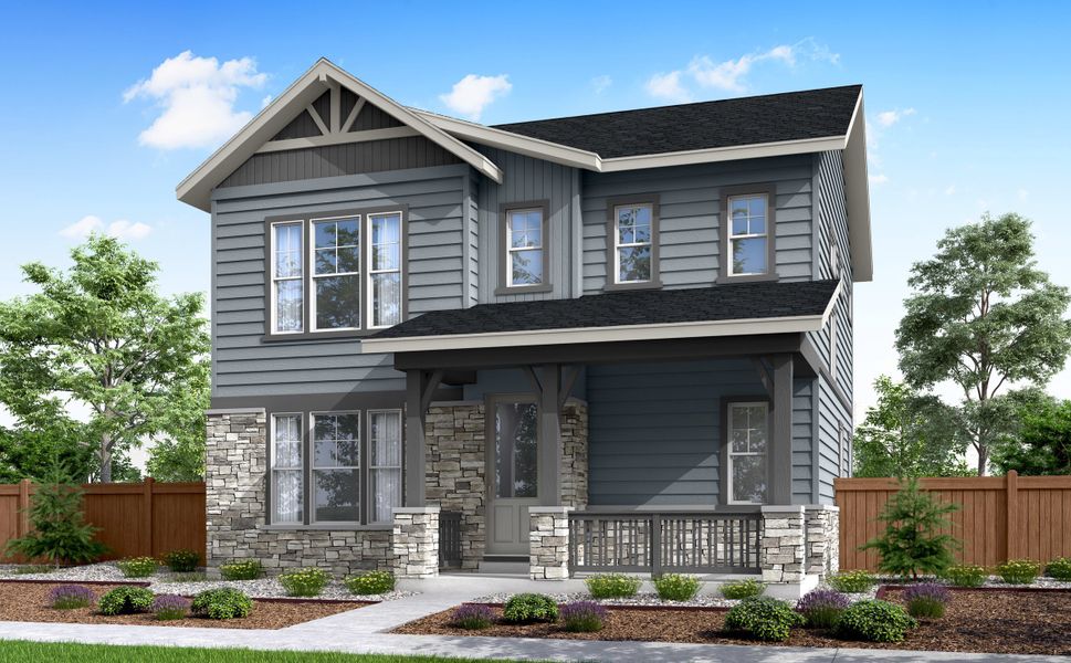 Front exterior of a new home in The Aurora Highlands, Aurora, CO, highlighting curb appeal (Image 1). Front exterior of a new home in The Aurora Highlands, Aurora, CO, highlighting curb appeal (Image 1).