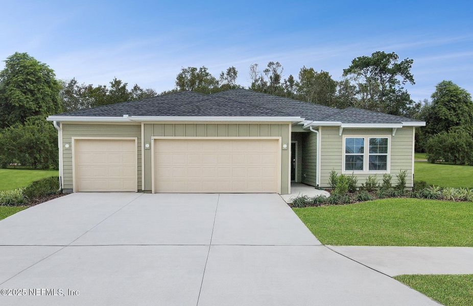 Front exterior of a new home in Saddle Oaks: Saddle Oaks 60s, Jacksonville, FL, highlighting curb appeal (Image 1). Front exterior of a new home in Saddle Oaks: Saddle Oaks 60s, Jacksonville, FL, highlighting curb appeal (Image 1).