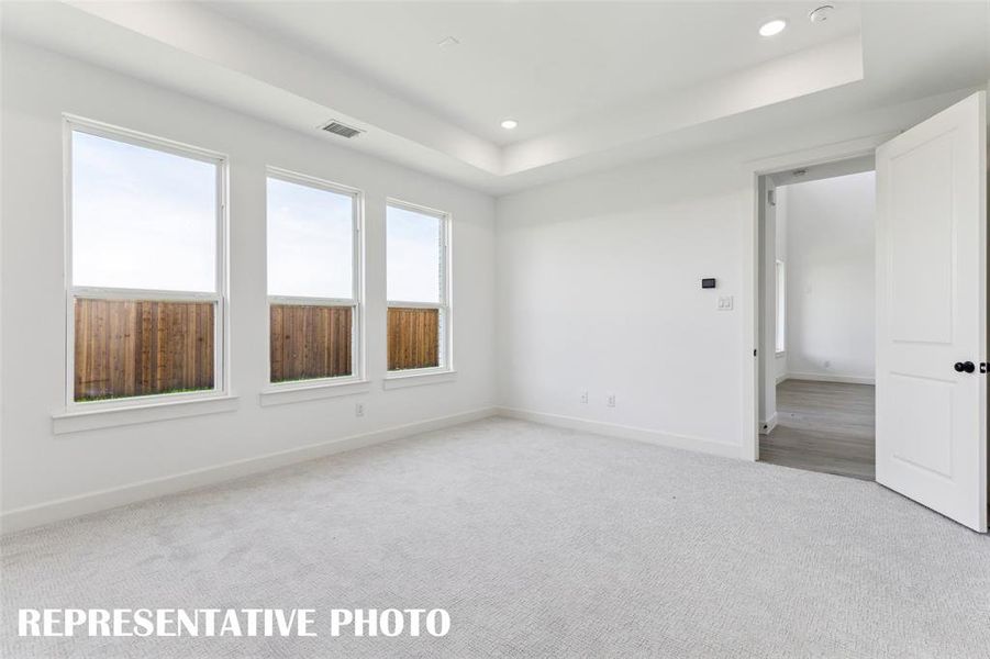 With large windows over looking the private back yard, lush carpeting and high ceilings, this owner's suite is a dream come true!  REPRESENTATIVE PHOTO