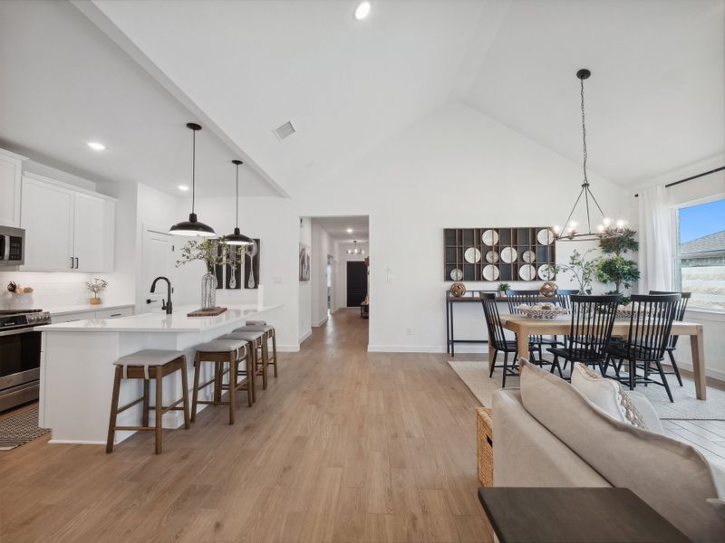Vaulted ceiling in great room adjacent to kitchen Vaulted ceiling in great room adjacent to kitchen