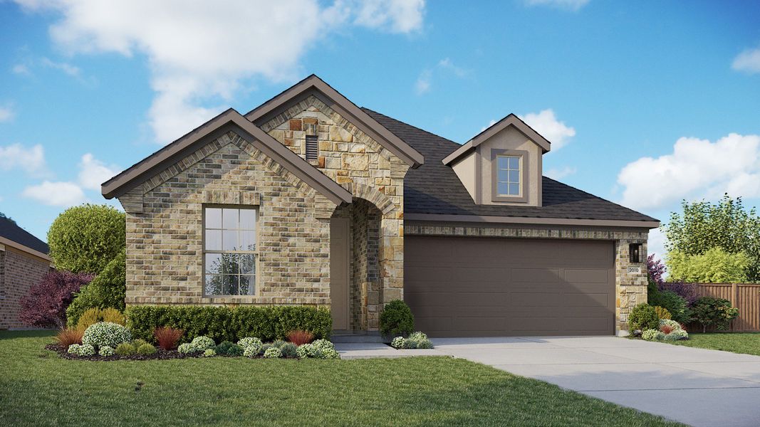 Representative exterior photo of a completed home built from the Fiji by DRB Homes in Parkside on the River, Georgetown, TX (Image 4). Representative exterior photo of a completed home built from the Fiji by DRB Homes in Parkside on the River, Georgetown, TX (Image 4).