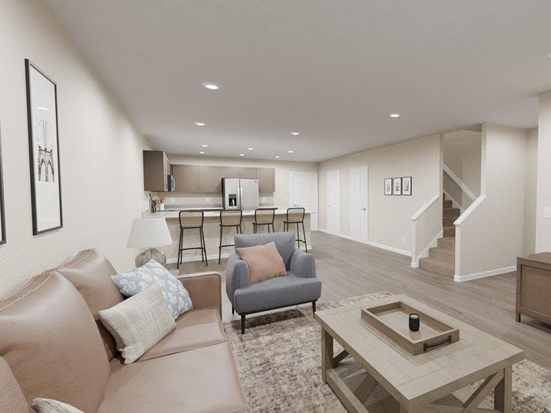 Enjoy a welcoming, open living area - Artist`s rendering of the Irys by Highland Homes Enjoy a welcoming, open living area - Artist`s rendering of the Irys by Highland Homes