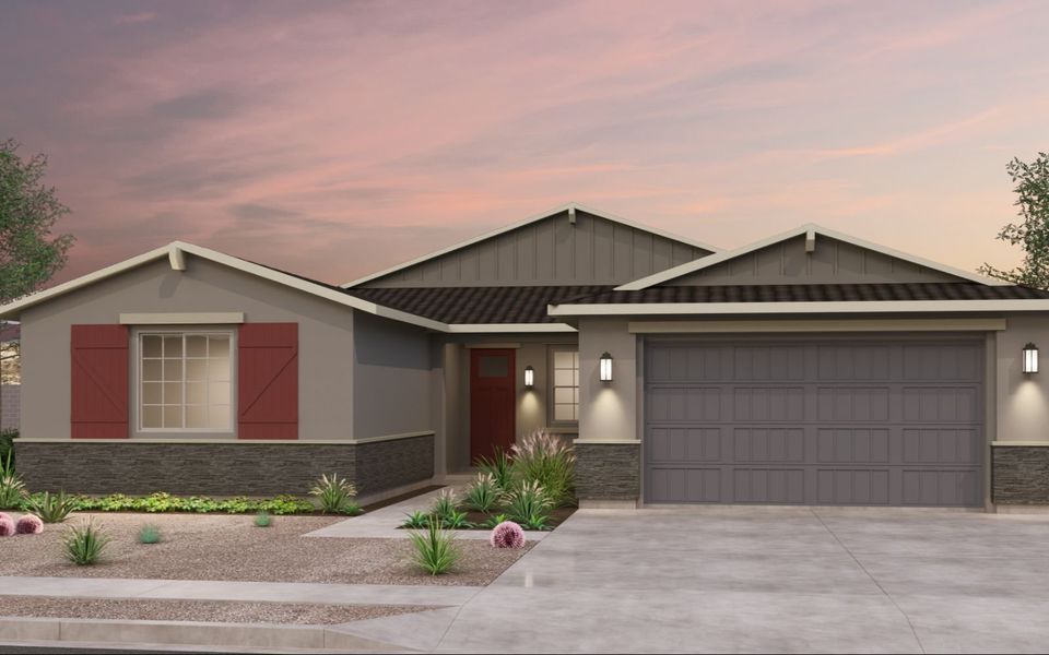 Representative exterior photo of a completed home built from the Lily Phase 2b by Brookfield Residential in Mariposa at Blossom Rock, Apache Junction, AZ (Image 1). Representative exterior photo of a completed home built from the Lily Phase 2b by Brookfield Residential in Mariposa at Blossom Rock, Apache Junction, AZ (Image 1).