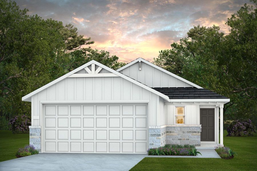 Front exterior of a new home in Montgomery Bend, Montgomery, TX, highlighting curb appeal (Image 1).