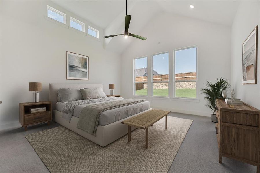 Bedroom with multiple windows, carpet floors, high vaulted ceiling, and ceiling fan