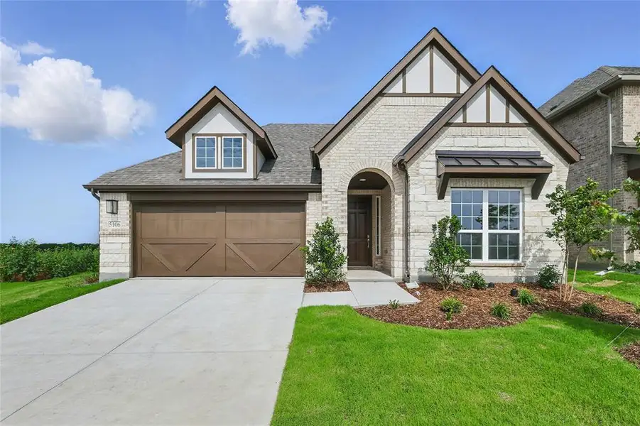 View of front of house with a front yard, brick siding, an attached garage, driveway, and roof with shingles View of front of house with a front yard, brick siding, an attached garage, driveway, and roof with shingles