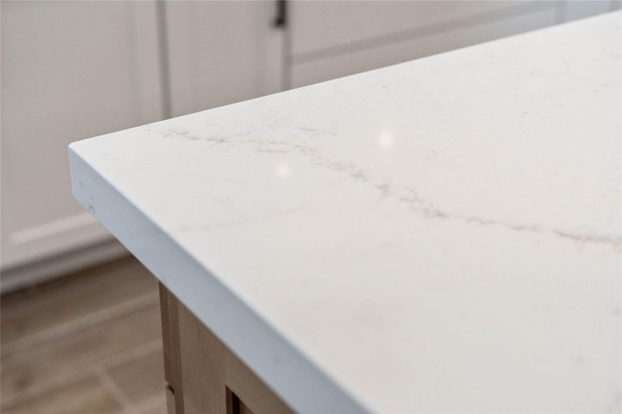 Kitchen countertops - quartz with subtle, elegant gray veining and a clean, modern edge profile.