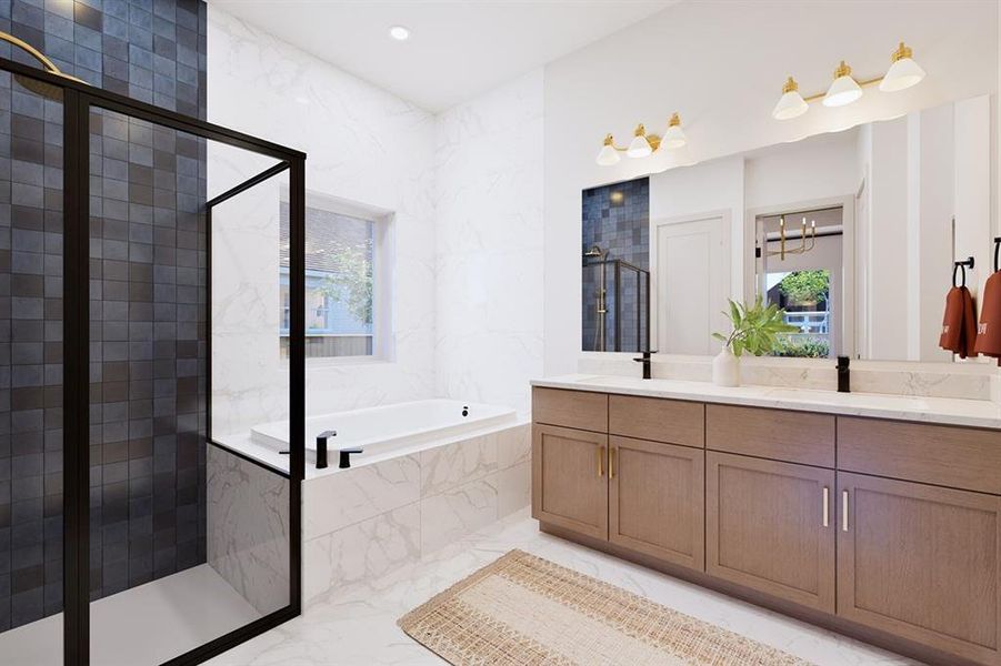Bathroom with a marble finish shower, a garden tub, double vanity, light marble finish flooring, and recessed lighting
