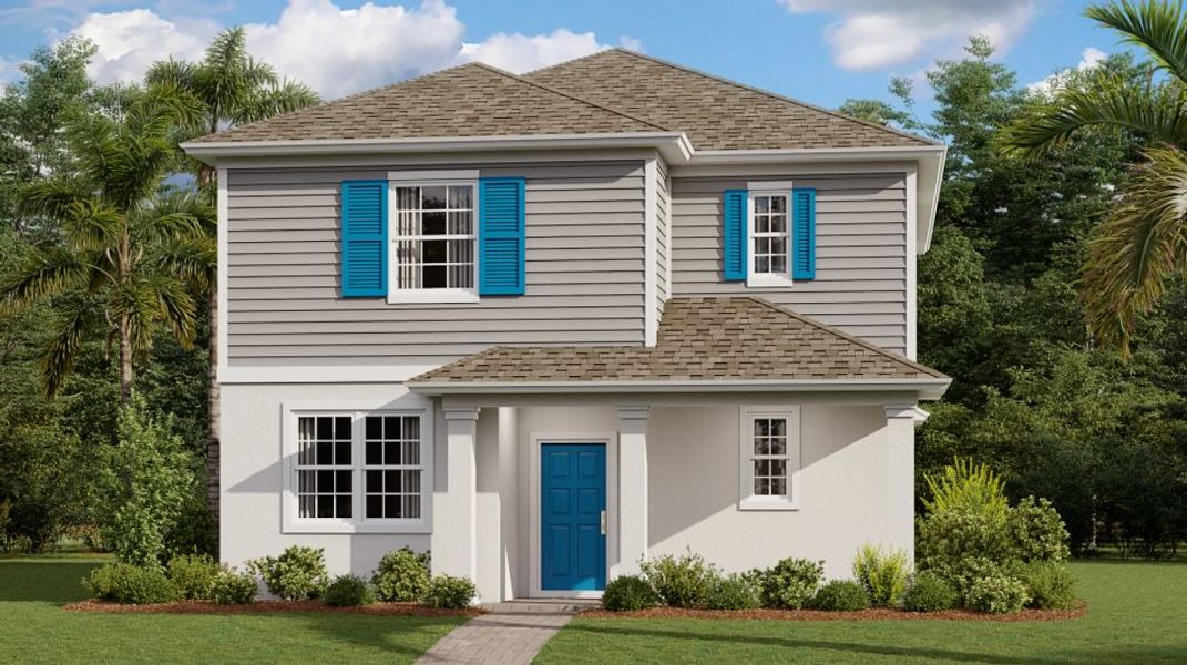 Front exterior of a new home in Wellness Ridge, Clermont, FL, highlighting curb appeal (Image 1). Front exterior of a new home in Wellness Ridge, Clermont, FL, highlighting curb appeal (Image 1).