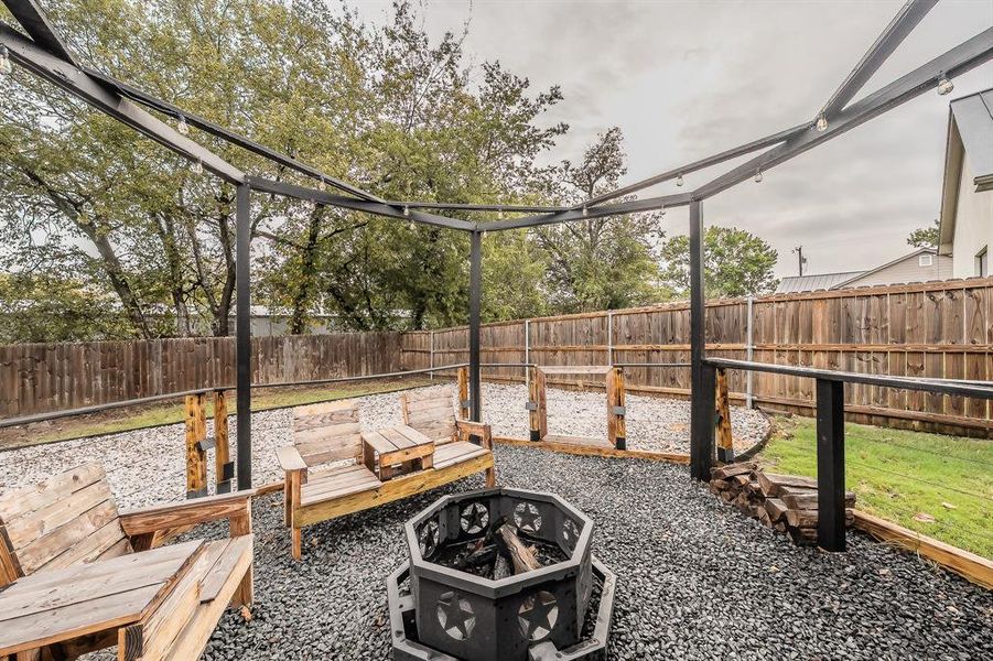Fenced backyard with a fire pit Fenced backyard with a fire pit