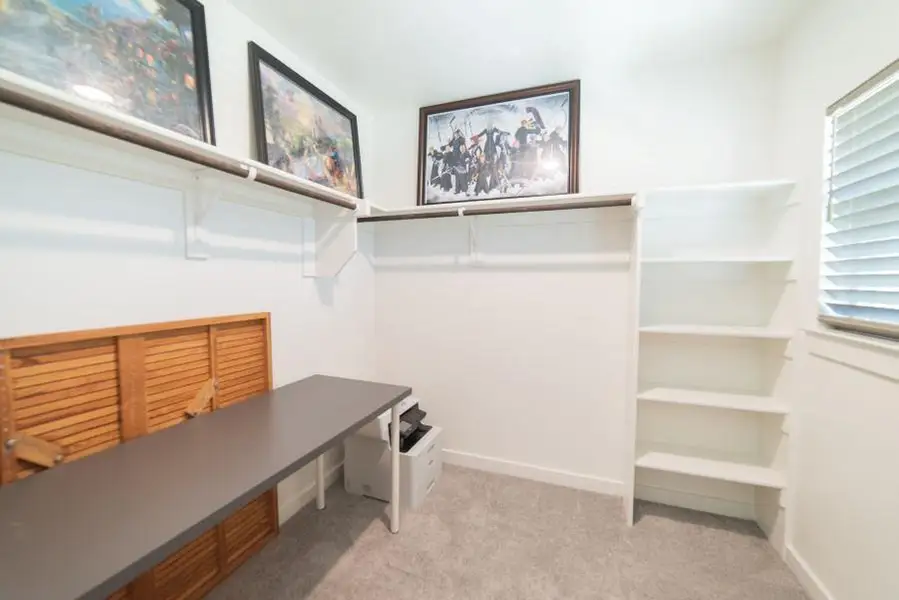 Walk in closet featuring light colored carpet