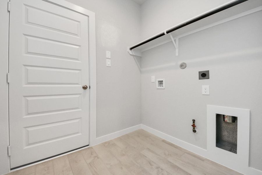 A perfect blend of functionality and comfort. Capture the essence of easy living with a first-floor laundry room, thoughtfully equipped with shelving for effortless organization. Both electric and gas connections available.