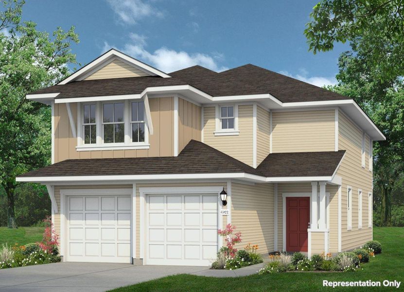 Front exterior of a new home in Harvest Ridge, Elgin, TX, highlighting curb appeal (Image 1).