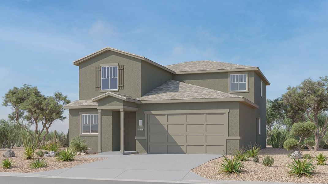 Front exterior of a new home in Mountain View at Rocking K: Loma Verde, Vail, AZ, highlighting curb appeal (Image 1).