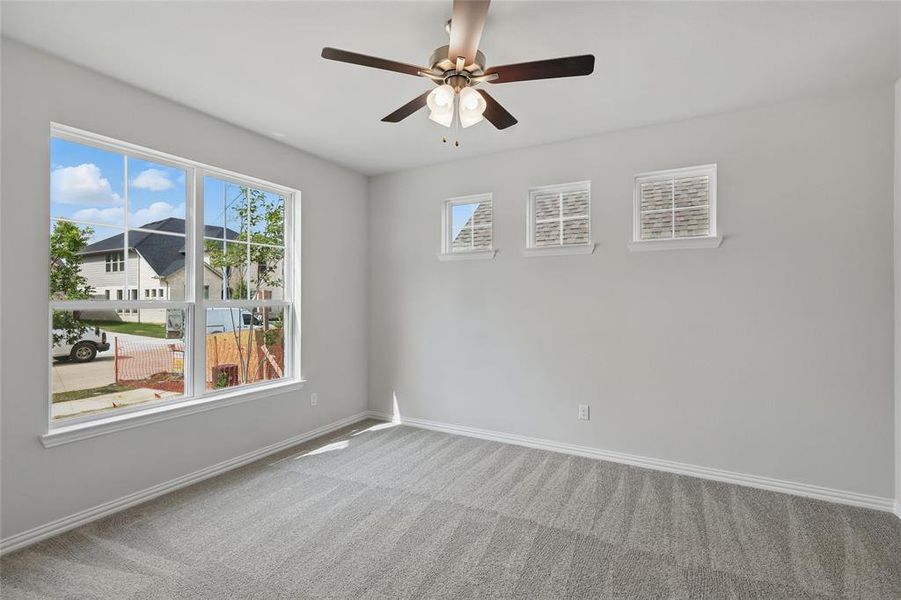 Carpeted empty room with a ceiling fan, a wealth of natural light, and baseboards Carpeted empty room with a ceiling fan, a wealth of natural light, and baseboards