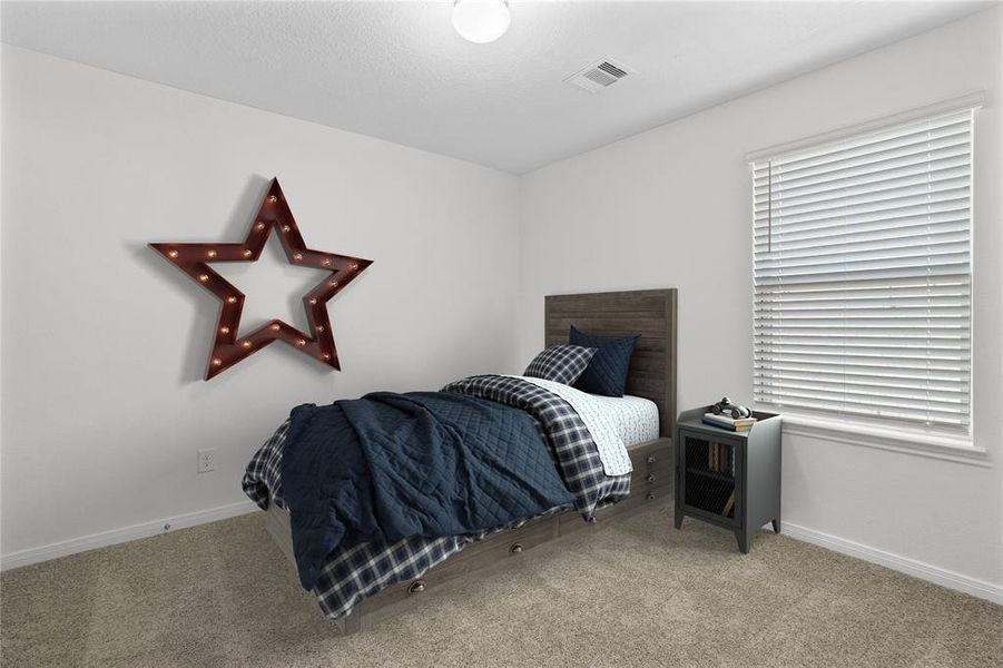 Secondary bedroom features plush carpet, neutral paint and a large window with privacy blinds.